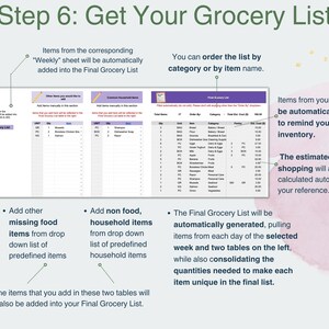 May include: A step-by-step guide to creating a grocery list. The image shows a spreadsheet with columns for item name, category, quantity, and price. The text on the page explains how to use the spreadsheet to create a grocery list and how to add items from your inventory.