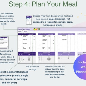 May include: A purple and white weekly meal planner with a section for each day of the week. The planner includes a section for breakfast, lunch, dinner, and snacks. The planner also includes a section for ingredients and a section for notes. The planner is designed to help you plan your meals for the week. It says "Includes 5 Weekly Planner Tabs".