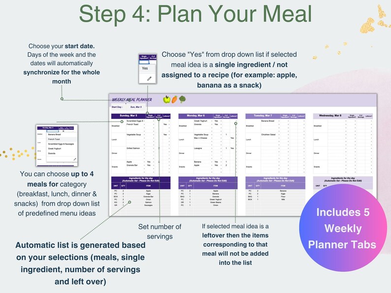 May include: A purple and white weekly meal planner with a section for each day of the week. The planner includes a section for breakfast, lunch, dinner, and snacks. The planner also includes a section for ingredients and a section for notes. The planner is designed to help you plan your meals for the week. It says "Includes 5 Weekly Planner Tabs".