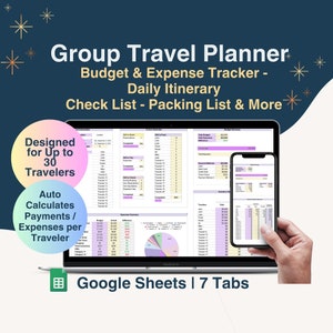 Group Travel Planner Google Sheets, Vacation Budget Spreadsheet Expense Sharing Tracker, Holiday Planning, Trip Itinerary, Packing List