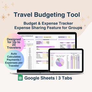 May include: A Google Sheets spreadsheet template for travel budgeting. The spreadsheet has three tabs: Overview, Payment Methods, and Traveler's Payments. The spreadsheet is designed for up to 20 travelers and includes a budget summary, expense tracking, and payment method tracking. The spreadsheet is designed to help travelers budget for their trips and track their expenses.