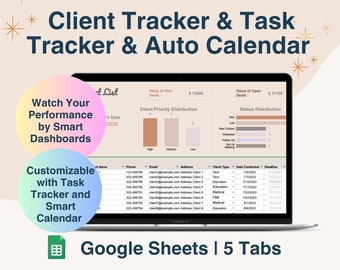 Mall för kundspårning i Google Sheets, aktivitetshanterare, att-göra-kalender, planerare för småföretag, kundlista, CRM-instrumentpanel, leadspårning
