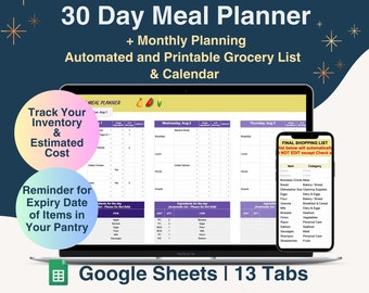 May include: A laptop screen displaying a 30-day meal planner spreadsheet with a colourful graphic of a watermelon and a green apple. The spreadsheet includes a grocery list and a calendar. A smaller phone screen displays a shopping list with a list of items and categories. The text on the laptop screen reads "30 Day Meal Planner + Monthly Planning Automated and Printable Grocery List & Calendar". The text on the phone screen reads "FINAL SHOPPING LIST List below will automatically generate. DO NOT EDIT except Check a Item Category". The text below the laptop screen reads "Google Sheets | 13 Tabs".