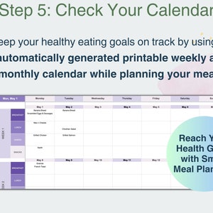 May include: A printable weekly and monthly calendar to help you plan your meals and reach your health goals. The calendar has a purple and white colour scheme and includes a section for breakfast, lunch, snacks, and dinner. The text "Reach Your Health Goals with Smart Meal Planning" is in a blue and green circle.