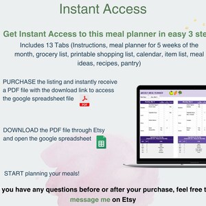 May include: A digital illustration showing how to access a meal planner in three easy steps. The image includes a laptop screen displaying a weekly meal planner with a purple background and a green apple, a green pepper, and a green leaf icon. The text on the screen reads "Weekly Meal Planner". The image also includes three numbered steps with instructions on how to purchase, download, and start using the meal planner.