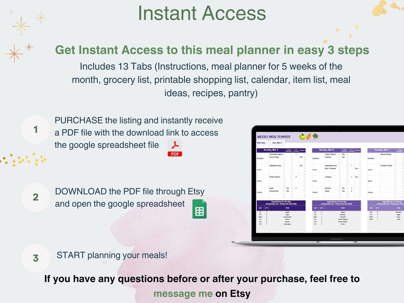 May include: A digital illustration showing how to access a meal planner in three easy steps. The image includes a laptop screen displaying a weekly meal planner with a purple background and a green apple, a green pepper, and a green leaf icon. The text on the screen reads "Weekly Meal Planner". The image also includes three numbered steps with instructions on how to purchase, download, and start using the meal planner.