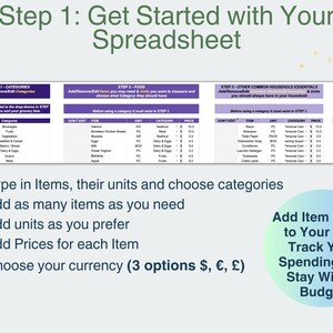 May include: A colourful spreadsheet template for tracking grocery and household expenses. The spreadsheet is divided into three sections: categories, food, and other common household essentials. Each section includes a list of items, units, and prices. The template also includes a currency dropdown menu. The text on the image reads "Step 1: Get Started with Your Spreadsheet".