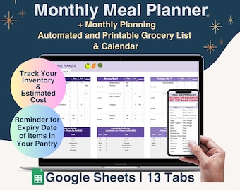 Monthly Meal Planner Spreadsheet Google Sheets, Automatic Shopping List, Food Prep Log, Pantry Tracker, Grocery Cost Tracking