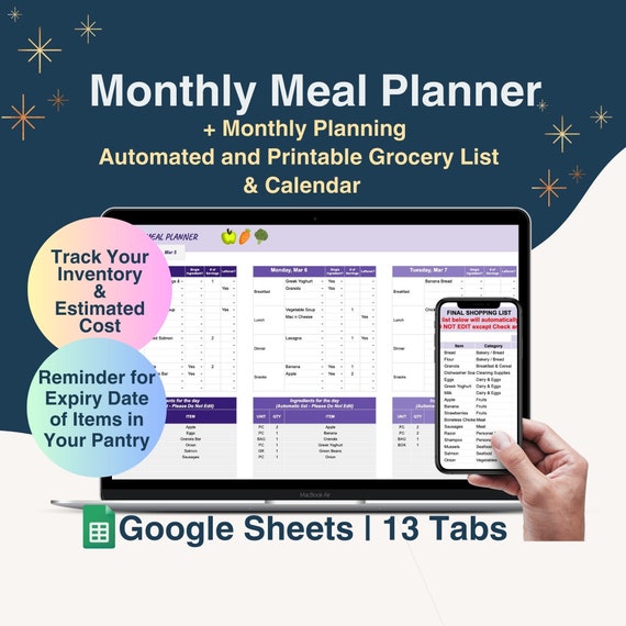 Monthly Meal Planner Spreadsheet Google Sheets, Automatic Shopping List, Food Prep Log, Pantry Tracker, Grocery Cost Tracking