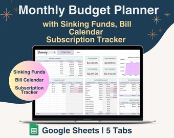 May include: A computer screen displaying a Google Sheets spreadsheet with a monthly budget planner. The spreadsheet is divided into sections for income, bills, expenses, savings, and debt. The spreadsheet is titled "Monthly Budget Planner with Sinking Funds, Bill Calendar, Subscription Tracker".