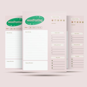 Può includere: Tre pagine stampabili per un diario giornaliero con la parola "manifesting" in un cerchio verde in alto. Le pagine includono sezioni per compiti quotidiani, gratitudine, obiettivi e affermazioni.