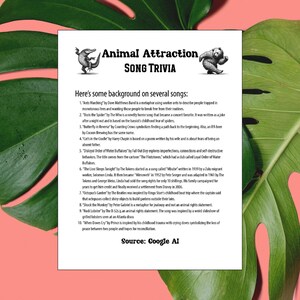 K&ouml;nnte beinhalten: Ein wei&szlig;es Papier mit dem Titel "Animal Attraction SONG TRIVIA" und Song-Trivia-Fakten. Der Text enth&auml;lt Informationen &uuml;ber den Hintergrund von Songs wie "Ants Marching" und "Boris the Spider". Quelle: Google AI.