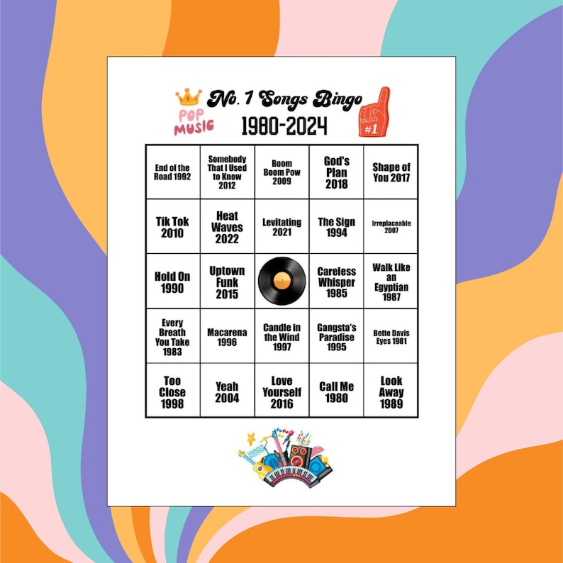 May include: A colorful bingo card with the text "No. 1 Songs Bingo 1980-2024" and song titles from various years. The card features a music theme with a crown, a hand with a number one, and musical instruments.