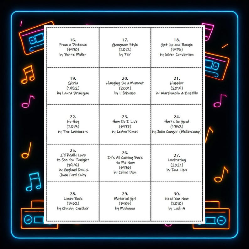 Il gioco di bingo musicale numero 2, playlist Spotify®, 45 canzoni, 30 cartelle immagine 10