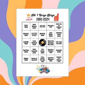 May include: A bingo card titled "No. 1 Songs Bingo 1980-2024" with a colorful design. The card features a grid of song titles and years, including "Heat Waves 2022" and "Macarena 1996". The card has a pop music theme.
