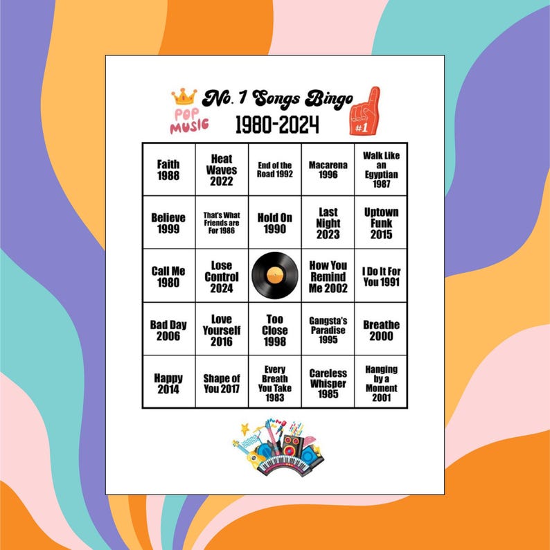 May include: A bingo card titled "No. 1 Songs Bingo 1980-2024" with a colorful design. The card features a grid of song titles and years, including "Heat Waves 2022" and "Macarena 1996". The card has a pop music theme.