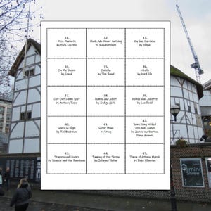 May include: A white sheet with 15 black rectangular boxes, each containing text. The text includes titles and artists, such as "Miss Macbeth by Elvis Costello" and "Romeo and Juliet by Indigo Girls". The background shows a building.