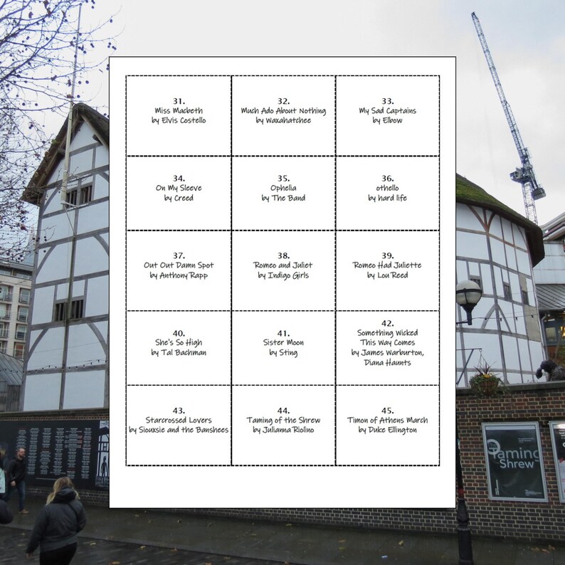 May include: A white sheet with 15 black rectangular boxes, each containing text. The text includes titles and artists, such as "Miss Macbeth by Elvis Costello" and "Romeo and Juliet by Indigo Girls". The background shows a building.