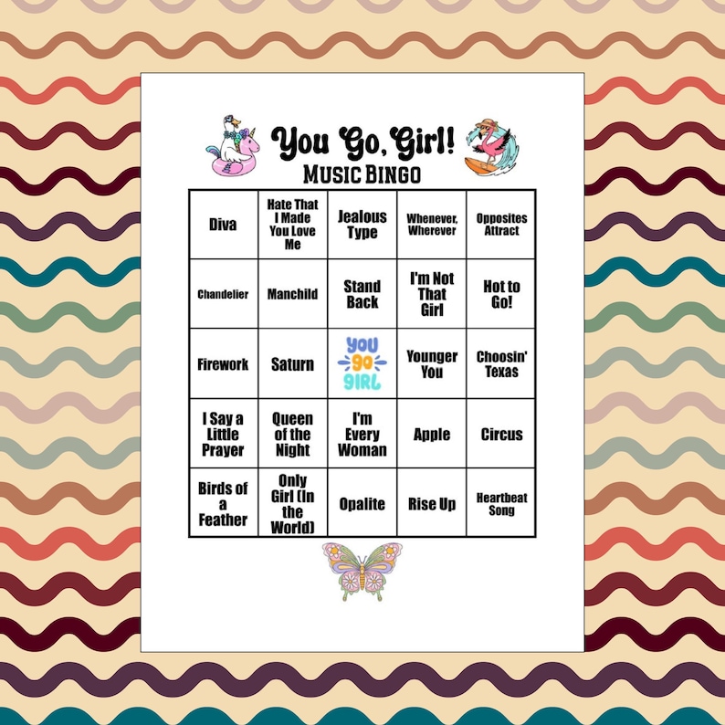 K&ouml;nnte beinhalten: Eine wei&szlig;e Musik-Bingo-Karte mit dem Titel You Go, Girl! Music Bingo und einem Raster aus Songtiteln. Die Kopfzeile zeigt eine Ente auf einem Einhorn-Schwimmtier und einen Flamingo auf einem Surfbrett. Ein bunter Schmetterling ist unter dem Raster.