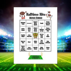 May include: A white sheet of paper with a "Halftime Hits Music Bingo" game. The game board features a grid with song titles like "Uptown Funk" and "Billie Jean." The top of the board has cartoon football and duck illustrations.