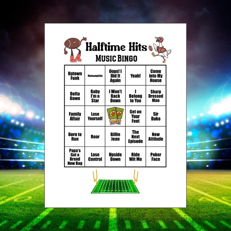 May include: A white sheet of paper with a "Halftime Hits Music Bingo" game. The game board features a grid with song titles like "Uptown Funk" and "Billie Jean." The top of the board has cartoon football and duck illustrations.