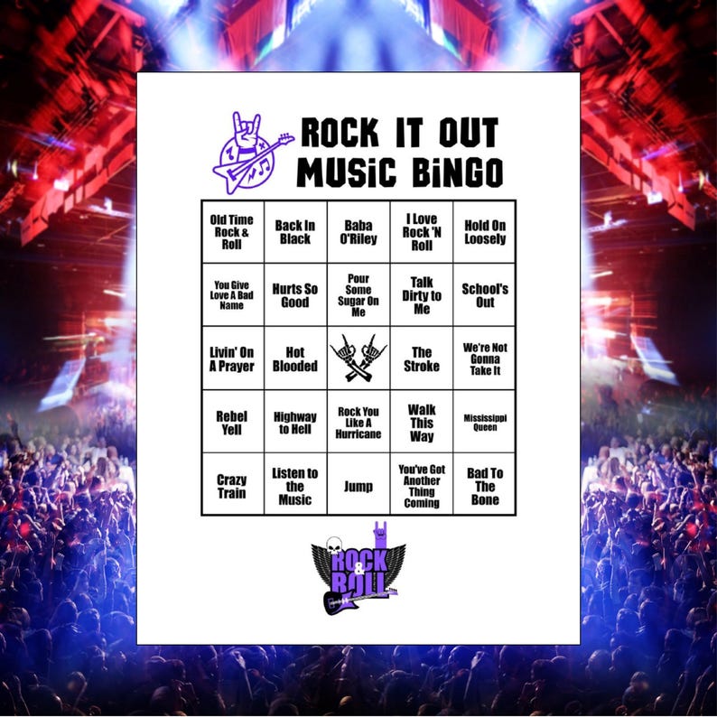 Puede incluir: Una tarjeta de bingo blanca con el texto "ROCK IT OUT MUSIC BINGO" en morado. La tarjeta presenta t&iacute;tulos de canciones como "Crazy Train" y "Highway to Hell". Un logotipo de rock and roll morado est&aacute; en la parte superior e inferior.