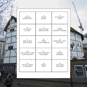 May include: A white rectangular sign with 15 black-bordered squares, each containing a song title and artist. The sign is in front of a historic building with a thatched roof and a construction crane in the background.