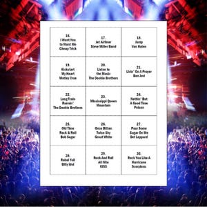 Puede incluir: Una cuadr&iacute;cula blanca con t&iacute;tulos de canciones y nombres de artistas, como "Mississippi Queen" de Mountain y "Nothin' But a Good Time" de Poison. El fondo muestra una multitud en un concierto.