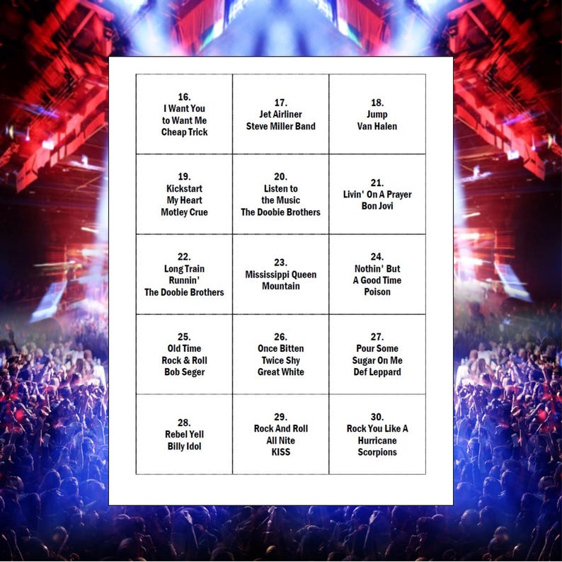 Puede incluir: Una cuadr&iacute;cula blanca con t&iacute;tulos de canciones y nombres de artistas, como "Mississippi Queen" de Mountain y "Nothin' But a Good Time" de Poison. El fondo muestra una multitud en un concierto.