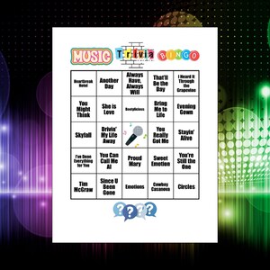 May include: A white Music Trivia Bingo game card featuring a grid of song titles, a central microphone icon, and colorful text at the top. The bottom includes three blue question mark speech bubbles. The design uses black text on a white background.