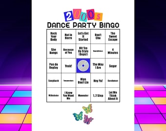2000年代のダンスパーティーミュージックビンゴ、45曲、30枚のカード、Spotify®プレイリスト