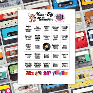 Bingo musical One-Hit Wonders con canciones de los años 70, 80, 90 y 2000, lista de reproducción de Spotify®, tarjetas de canciones y 30 tarjetas de bingo incluidas