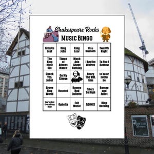 May include: A white bingo card titled "Shakespeare Rocks MUSIC BINGO" with various Shakespearean play titles. The card features a cartoon of Shakespeare and a theater. The background includes a building and a construction crane.
