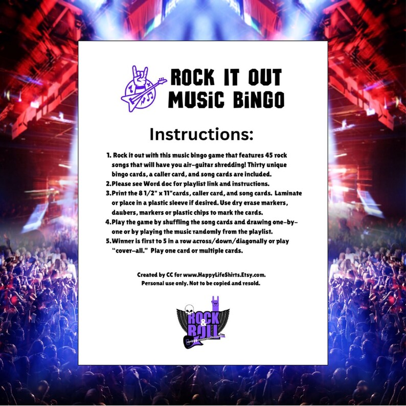 Puede incluir: Una hoja blanca con el texto "ROCK IT OUT MUSIC BINGO" e instrucciones para un juego de bingo musical. El juego incluye 45 canciones de rock, cartones de bingo, una tarjeta de llamada y tarjetas de canciones. La imagen tiene un fondo de concierto.
