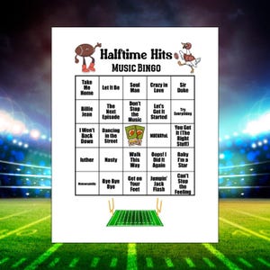 May include: A white sheet of paper with a "Halftime Hits Music Bingo" game. The game board features song titles and football-themed illustrations. The background shows a football field.