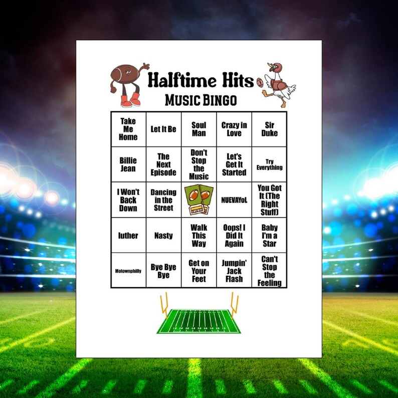 May include: A white sheet of paper with a "Halftime Hits Music Bingo" game. The game board features song titles and football-themed illustrations. The background shows a football field.