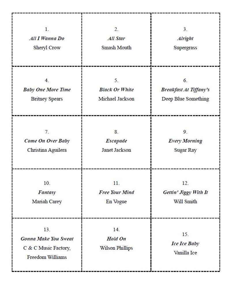 May include: A grid of 15 squares, each with a number and a song title. The song titles are from popular music artists such as Sheryl Crow, Smash Mouth, Britney Spears, Michael Jackson, Christina Aguilera, Janet Jackson, Mariah Carey, En Vogue, Will Smith, Vanilla Ice, and more.