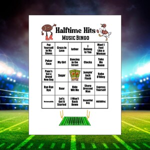 May include: A white sheet of paper featuring a "Halftime Hits Music Bingo" game. The game board includes song titles and football-themed illustrations. The background shows a football field.