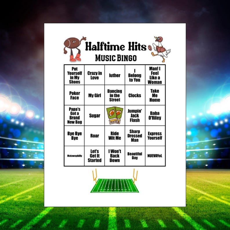 May include: A white sheet of paper featuring a "Halftime Hits Music Bingo" game. The game board includes song titles and football-themed illustrations. The background shows a football field.
