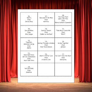 May include: A white grid displaying song titles from musicals such as "Sherry," "Sun and Moon," and "Together, Wherever We Go." The text is in black, with each title and musical source clearly labelled.