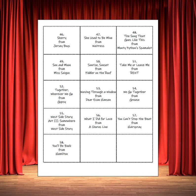 May include: A white grid displaying song titles from musicals such as "Sherry," "Sun and Moon," and "Together, Wherever We Go." The text is in black, with each title and musical source clearly labelled.