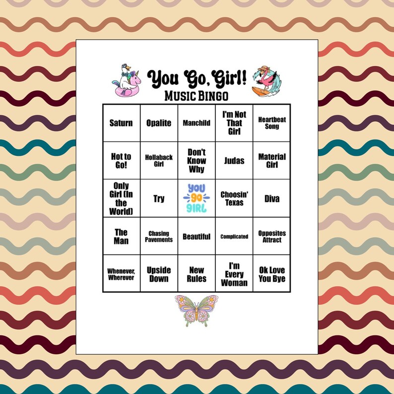 K&ouml;nnte beinhalten: Eine You Go, Girl! Music Bingo Spielkarte mit einem f&uuml;nf-mal-f&uuml;nf Raster aus Songtiteln, einem freien Feld in der Mitte mit dem Text You Go Girl, einem Einhorn auf einem Schwimmring, einem Flamingo auf einem Surfbrett und einem Schmetterling.