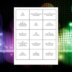 May include: A white rectangular sheet featuring a grid of fifteen numbered boxes, each containing a song title and artist name, including 1999 by Prince, All Along the Watchtower by Jimi Hendrix, and Heartbreak Hotel by Elvis Presley, among others.