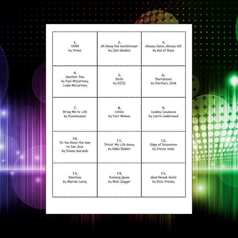 May include: A white rectangular sheet featuring a grid of fifteen numbered boxes, each containing a song title and artist name, including 1999 by Prince, All Along the Watchtower by Jimi Hendrix, and Heartbreak Hotel by Elvis Presley, among others.
