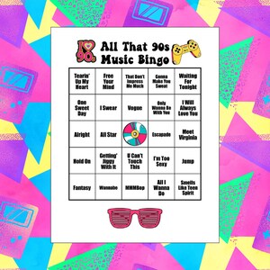 May include: A white and pink bingo card with the title "All That 90s Music Bingo". The card features a list of popular 90s songs, including "Tearin' Up My Heart", "Free Your Mind", "That Don't Impress Me Much", "Vogue", "Gonna Make You Sweat", "Only Wanna Be With You", "Waiting For Tonight", "I Will Always Love You", "Alright", "All Star", "Escapade", "Meet Virginia", "Hold On", "Getting' Jiggy With It", "U Can't Touch This", "I'm Too Sexy", "Fantasy", "Wannabe", "MMMBop", "All I Wanna Do", "Jump", and "Smells Like Teen Spirit".