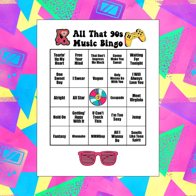 May include: A white and pink bingo card with the title "All That 90s Music Bingo". The card features a list of popular 90s songs, including "Tearin' Up My Heart", "Free Your Mind", "That Don't Impress Me Much", "Vogue", "Gonna Make You Sweat", "Only Wanna Be With You", "Waiting For Tonight", "I Will Always Love You", "Alright", "All Star", "Escapade", "Meet Virginia", "Hold On", "Getting' Jiggy With It", "U Can't Touch This", "I'm Too Sexy", "Fantasy", "Wannabe", "MMMBop", "All I Wanna Do", "Jump", and "Smells Like Teen Spirit".