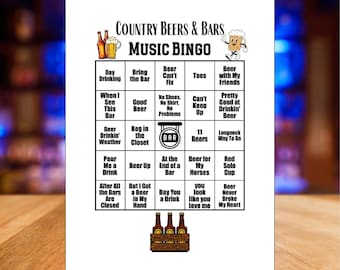 Bingo musical country, bières et bars, liste de lecture Spotify®, 57 morceaux, 30 cartes