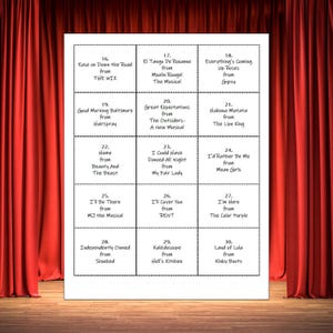 May include: A white sheet with black text listing song titles from musicals such as "Good Morning Baltimore," "Hakuna Matata," and "I'd Rather Be Me." The sheet is presented on a stage with red curtains in the background.