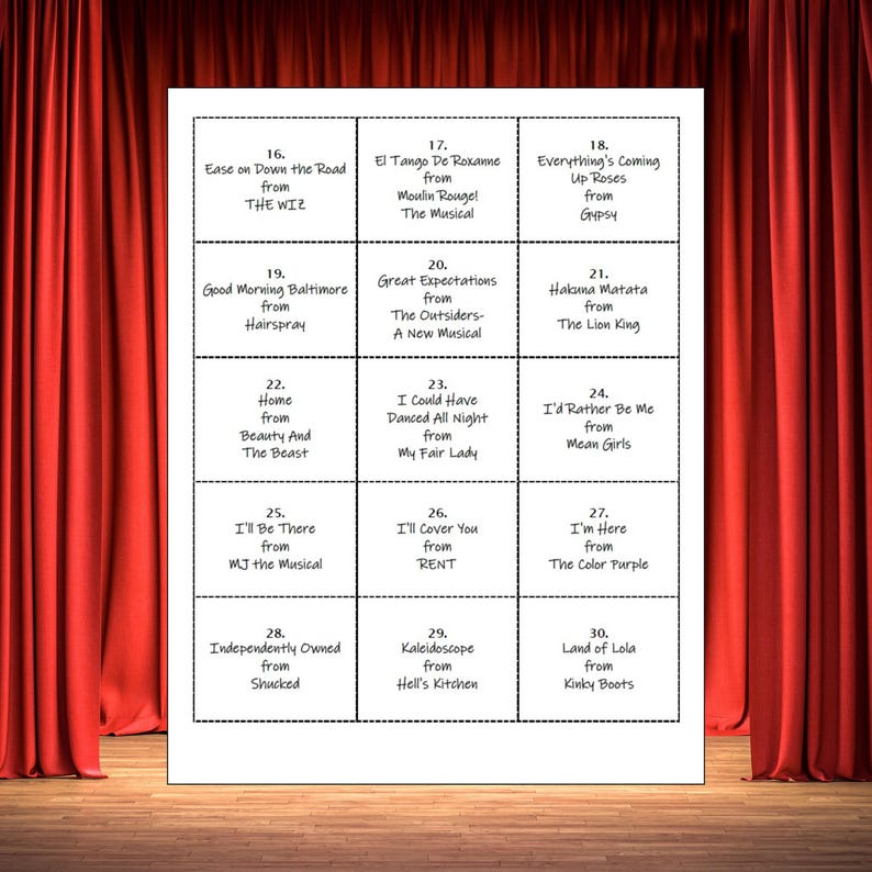 May include: A white sheet with black text listing song titles from musicals such as "Good Morning Baltimore," "Hakuna Matata," and "I'd Rather Be Me." The sheet is presented on a stage with red curtains in the background.