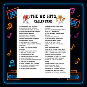Pu&ograve; includere: Una scheda chiamante a tema retr&ograve; con il testo "The #2 Hits". La scheda presenta un elenco di canzoni popolari, con un cuore e un fiore. Lo sfondo &egrave; nero con note musicali al neon e illustrazioni di musicassette.